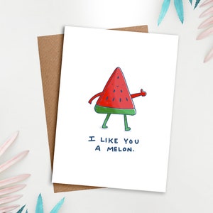 Je t’aime un melon | Carte d’amour, Carte mignonne, Pour elle, Carte de Saint-Valentin, Carte d’anniversaire, Carte de vœux, Carte de jeu de mots alimentaires, Carte de punny, Pour lui