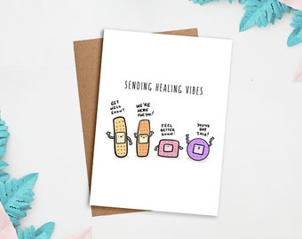 Sending Healing Vibes! Get Well Card, Greeting Card, Healing Card, Love Card, Bandaid, Thoughtful Card