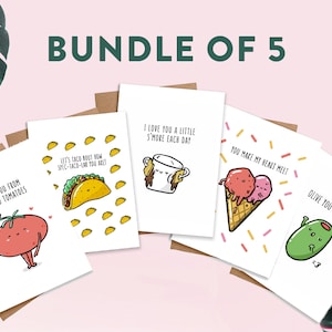 Assortiment de cartes d’amour | Jeu de 5 cartes | Carte anniversaire, Carte de jeu de mots alimentaires, Carte d’appréciation, Carte de la Saint-Valentin, Mignon, Carte de la Saint-Valentin