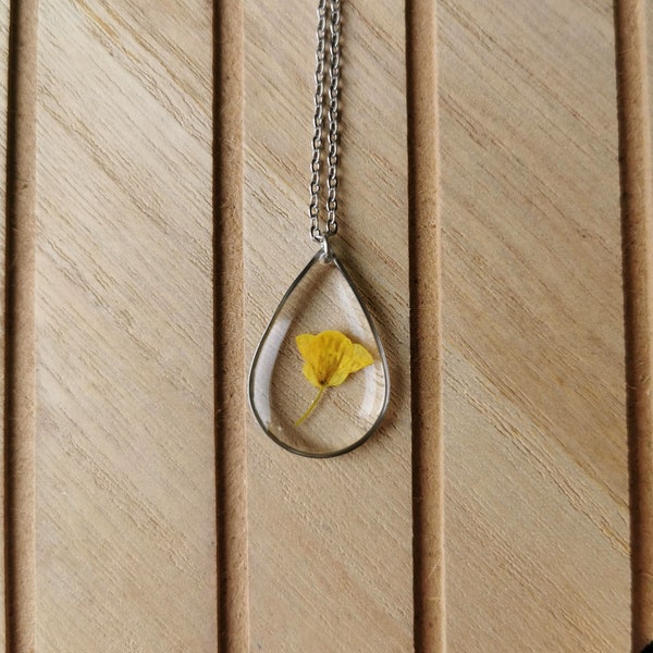 Collier court pendentif goutte avec fleur de choux jaune naturelle séchée