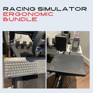 Puede incluir: Se muestra un paquete ergonómico de simulador de carreras. La imagen incluye un volante, pedales y un teclado. El texto "RACING SIMULATOR ERGONOMIC BUNDLE" se muestra en la parte superior de la imagen.