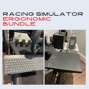 May include: A racing simulator ergonomic bundle with a steering wheel, pedals, and a keyboard. The image shows a close-up of the components, including a black keyboard with a touchpad and a black platform.