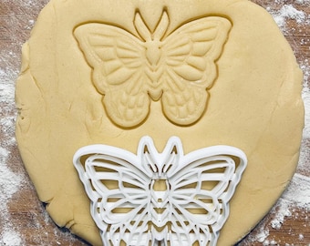 May include: A white plastic butterfly cookie cutter on top of a round piece of cookie dough with a butterfly shape cut out of it.