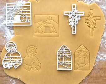Church brunch Easter cookie cutter set - Jesus and lamb,lily cross,stained glass, tomb