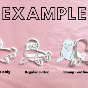 May include: Three white plastic cookie cutters shaped like a seal. The cutters are labeled "Outline only", "Regular cutter", and "Stamp + outline".