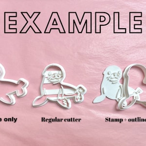 May include: Three white plastic cookie cutters shaped like a seal. The first cutter is an outline of a seal. The second cutter is a seal with stripes. The third cutter is a seal with an outline around it. The text "Outline only", "Regular cutter", and "Stamp + outline" is below each cutter.