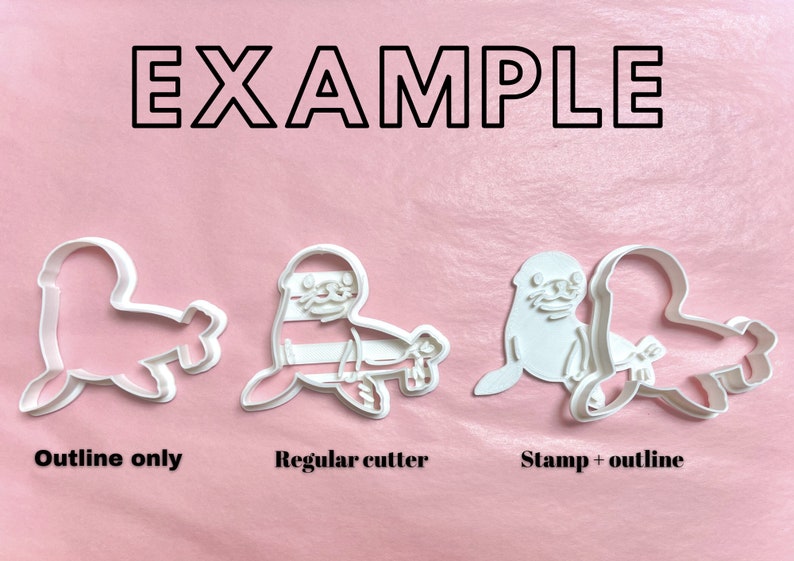 May include: Three white plastic cookie cutters shaped like a seal. The first cutter is an outline of a seal. The second cutter is a seal with stripes. The third cutter is a seal with an outline around it. The text "Outline only", "Regular cutter", and "Stamp + outline" is below each cutter.