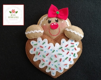 Gingerbread Heart/Corazón de Jengibre, gingerbread man ornament, gingerbread decoration, gingerbread felt pattern, gingerbread christmas