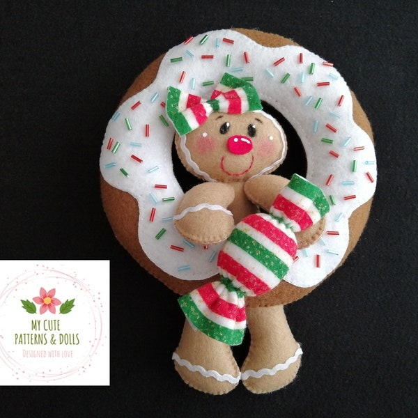 Gingerbread doll with donut/ Galleta de jengibre con dona/ Gingerbread felt pattern/ Gingerbread ornament/ Christmas ornament