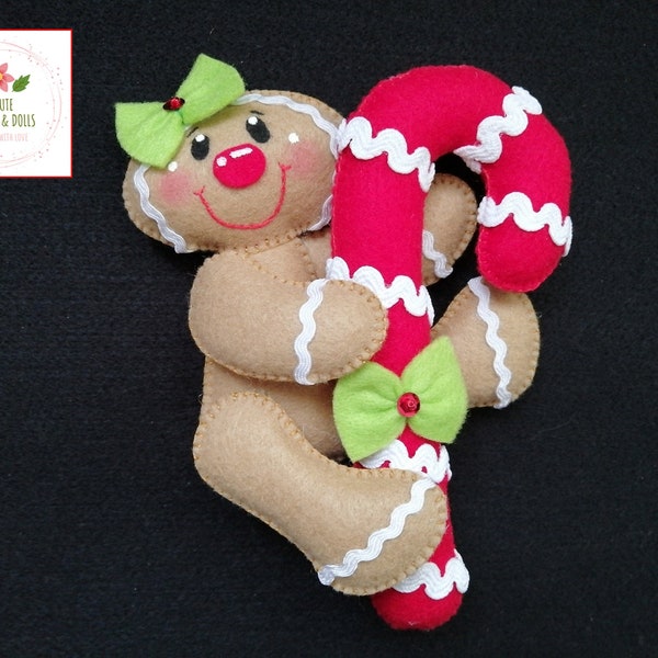 Gingerbread doll with candy cane / Galleta de jengibre con bastón, gingerbread man felt ornament, gingerbread decoration, navidad