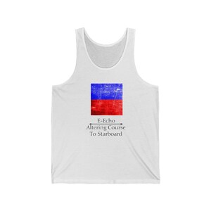 May include: A white tank top with a red and blue nautical flag printed on the front. The flag is labeled "E-Echo" and "Altering Course To Starboard".