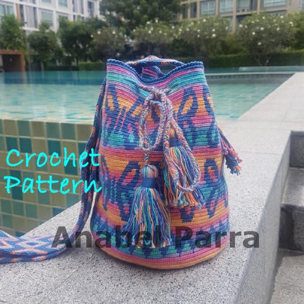 Borsa per arazzo all'uncinetto, borse Mochila Wayuu modello Mochila, adatte ai principianti, intrecciatura a strati divisi, tutorial schema, tracolla, cordoncino fai da te