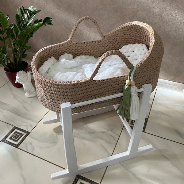 Doll cradle ,Doll cradle with bedding and wooden stand,Crochet doll cradle, Doll crib, Doll bassinet,reborn bed,Doll Moses Basket