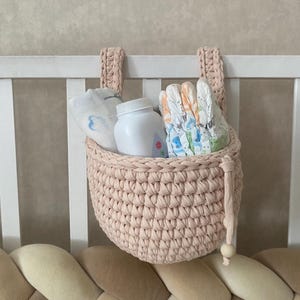 Handmade Cotton Crib Hanging Basket Organizer, Woven Nursery Storage Pocket for Baby Essentials, Crochet Bed Caddy Bag, Gift for New Mom