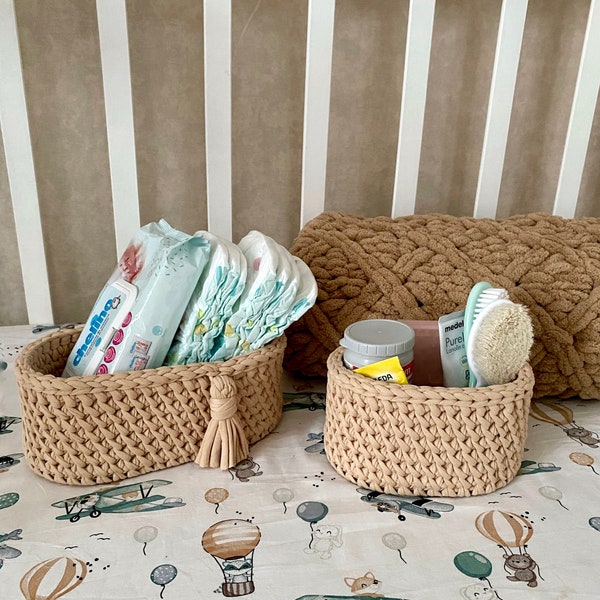 Set of 2 diaper caddy baskets for dresser, nursery shelf basket toy organizer, newborn baby essential basket, bathroom bedroom storage