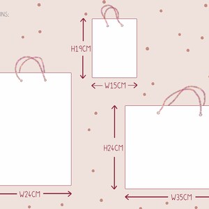 May include: Three white paper gift bags of varying sizes, each with a twisted paper handle. The largest bag is 35 cm high and 24 cm wide. The smallest bag is 19 cm high and 15 cm wide. Color options include gloss and matt white and black.