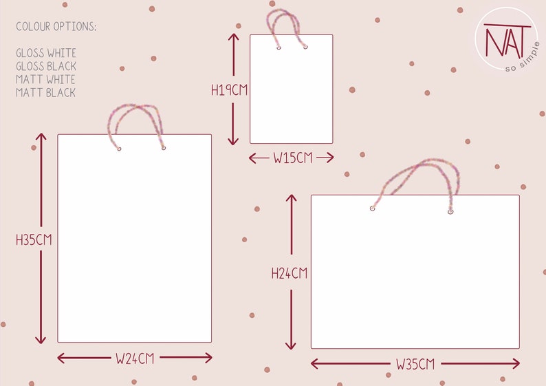 May include: Three white paper gift bags of varying sizes, each with a twisted paper handle. The largest bag is 35 cm high and 24 cm wide. The smallest bag is 19 cm high and 15 cm wide. Color options include gloss and matt white and black.