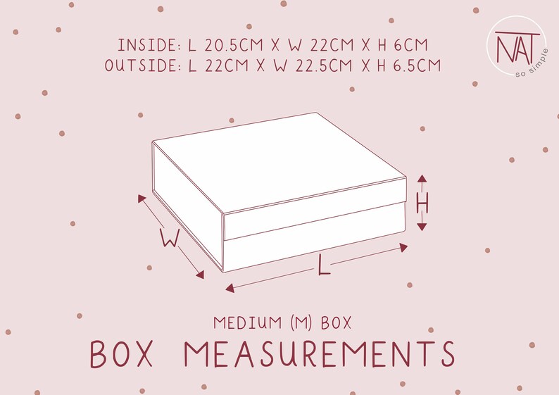 May include: A diagram of a medium box with measurements in centimeters. Inside dimensions are 20.5cm long, 22cm wide, and 6cm high. Outside dimensions are 22cm long, 22.5cm wide, and 6.5cm high. The text "BOX MEASUREMENTS" is displayed.
