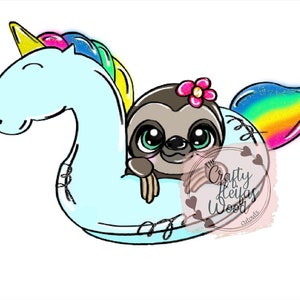 May include: A cartoon illustration of a sloth wearing a pink flower in its hair, riding a light blue unicorn float. The unicorn has a rainbow mane and tail. The image has the text "Crafty Keiyas Wood" in a heart-shaped logo.
