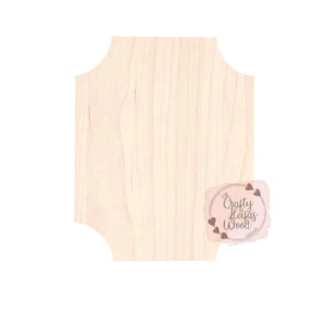 May include: A blank, unfinished, light wood cutout with a rounded, scalloped edge. The cutout is shaped like a rectangle with rounded corners. The wood has a natural grain pattern. The cutout is perfect for crafting and DIY projects.