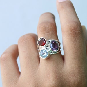 Garnet Blue Topaz Amethyst Ring/ Sterling Silver 925/ Handmade/ Gemstone/Native American Jewelry/ Stackable Ring/ Gift/ Birthstone Ring