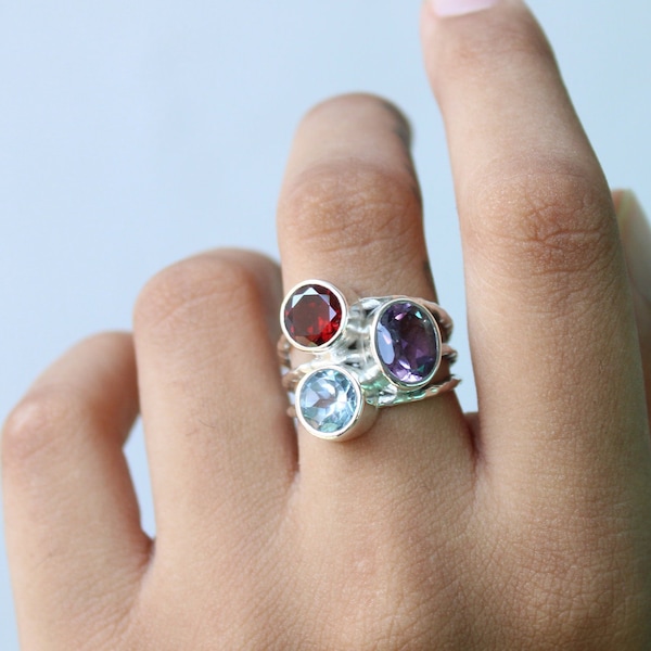 Garnet Blue Topaz Amethyst Ring/ Sterling Silver 925/ Handmade/ Gemstone/Native American Jewelry/ Stackable Ring/ Gift/ Birthstone Ring