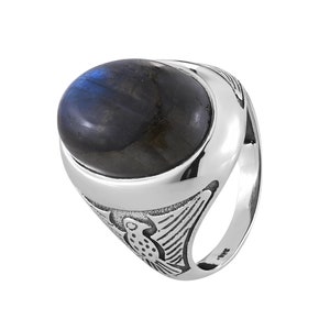 Natural Labradorite Ring in Sterling Silver Ethereal Blue Flash Gemstone Handmade Boho Jewelry Statement Men&#39;s Ring Perfect Gift for Him