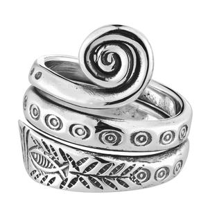Sterling Silver Tribal Wrap Ring | Adjustable Boho Swirl Ring | Engraved Statement Ring for Women | 925 Silver Spiral Ring | Perfect Gift