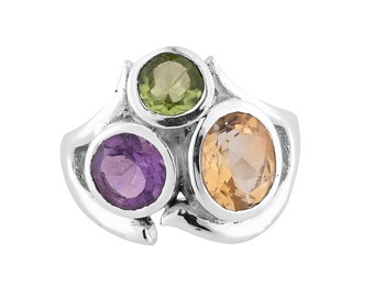 Elegante anillo de citrino/amatista/peridoto, anillo de plata esterlina, joyería bohemia con múltiples piedras, anillo boho chic, joyería con piedras de nacimiento, regalo perfecto para ella