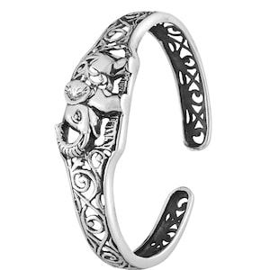 Sterling Silver Elephant Cuff Bracelet | Hindu Elephant God Bangle | Spiritual Indian Jewelry for Men & Women | Boho Tribal Bracelet