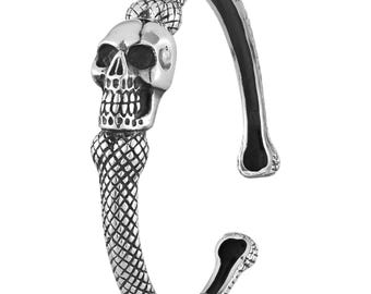 Sterling Silber Schädel Manschette Armband | Gothic Schlangenknochen Armreif | Punk Rock Skelett Armband für Männer | Biker-Halloween-Schmuck | Perfektes Geschenk