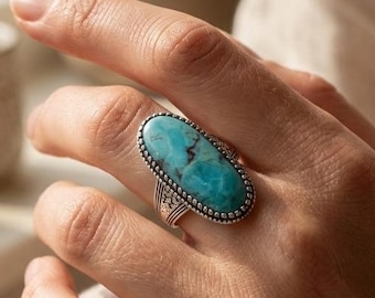 Sterling Silver Turquoise Ring | Oval Statement Ring with Star Band | Southwest Boho Jewelry | Handmade Turquoise Jewelry | Gift for Her