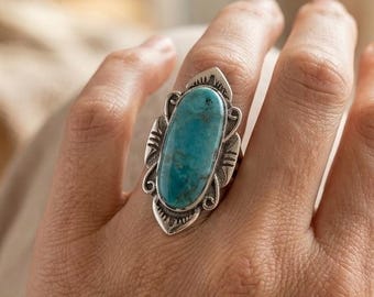 Sterling Silver Turquoise Statement Ring | Southwest Style Turquoise Ring | Boho Tribal Turquoise Jewelry | Handmade Ring | Gift for Her/Mom