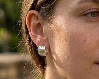 Ribbed Sterling Silver Hoop Earrings | Minimalist Huggie Studs