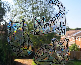 Cat Suncatcher Window Sticker Set, Tabby Cat Rainbow Maker, Cottage Core Static Cling, Renter Friendly, Reusable