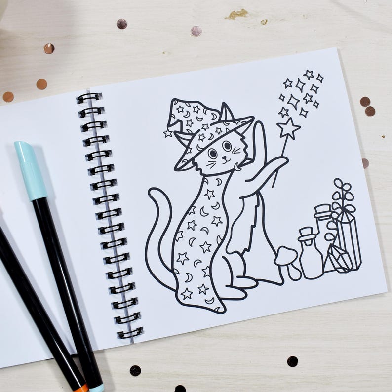 May include: A spiral-bound coloring book featuring a whimsical illustration of a cat dressed as a wizard, complete with a hat, cape, and wand. The cat is surrounded by potion bottles and crystals. Two markers are visible.