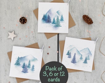 Winter Forest Christmas Card Pack of 3 6 or 12, Watercolour Tree Card, Recycled Card