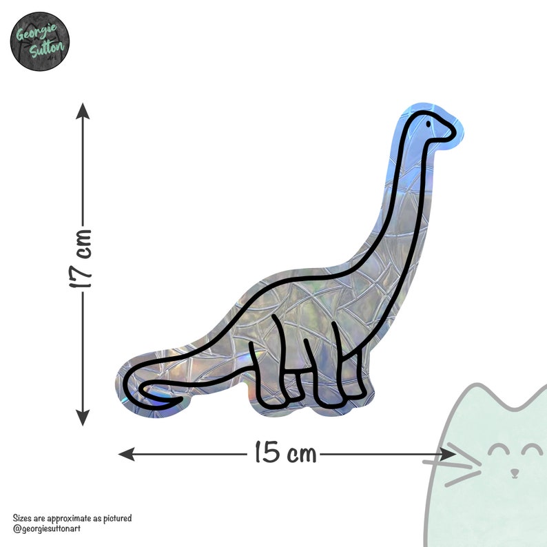 Pode incluir: Um desenho de linha preta de um dinossauro em um fundo hologr&aacute;fico iridescente. O dinossauro tem 15 cm de largura e 17 cm de altura.