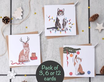 Cat Christmas Card Pack of 3 6 or 12, Cute Cat Christmas Card, Christmas Card for a Cat Lover, Recycled Christmas card
