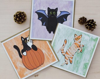 Halloween Cat Cards, Pumpkin Cat card, Ghost Cat card, Cat Bat card, Multipack cards, Halloween card set, Halloween party
