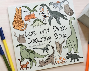Libro para colorear de gatos y dinosaurios, Libro para colorear de gatos adorables, Libro para colorear de dinosaurios, Regalo de dinosaurios, Regalo de gatos