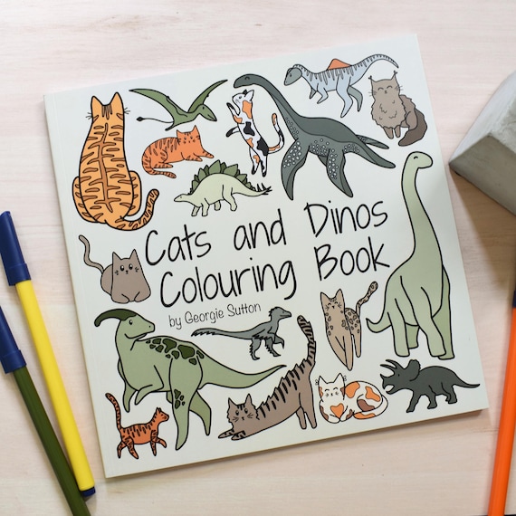 Cat and Dino Colouring Book, Cute Cat Colouring Book, Dinosaur Colouring Book, Dino Gift, Cat Gift