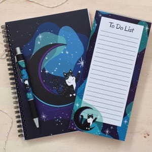 Carnet ou bloc-notes chat céleste, carnet lune et chat, cadeau pour maman chat, cadeau pour papa chat, coffret cadeau chat, papeterie chat, chat céleste