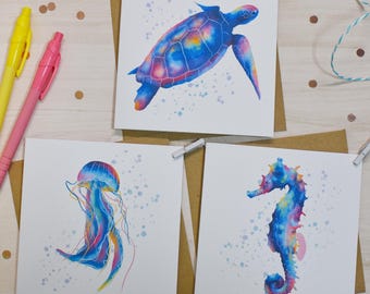 Jeu de cartes sous-marines, lot de 1, 3, 6 ou 12 cartes animaux marins, cartes d'anniversaire, cartes tortue, carte méduse, carte hippocampe