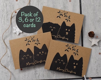 Cat and Dog Christmas Card Pack of 3 6 or 12, Mistletoe Dog card, Mistletoe Cat card, Cute Cat Christmas Card, Recycled Christmas card