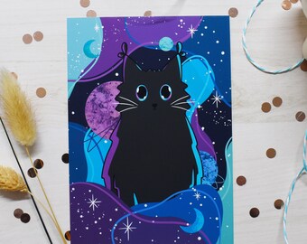 Celestial Cat Mini Art Print, Stars and Moon Cat Print, Blue and Purple, Cat Wall Art, Black Cat Print, Cat Mum Gift, Cat Dad Gift