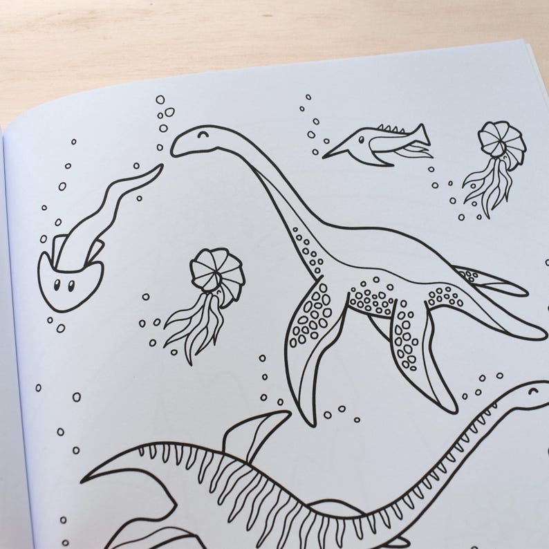 Pu&ograve; includere: Un disegno in bianco e nero di un plesiosauro, un rettile marino preistorico, che nuota nell'oceano. Il plesiosauro ha un collo lungo e quattro pinne. Nell'immagine ci sono anche disegni di meduse, un pesce e bolle.