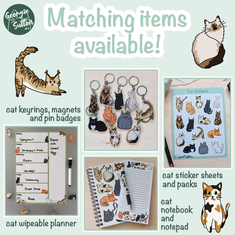 May include: A collection of cat-themed products, such as keyrings, magnets, pin badges, sticker sheets, a notebook, a notepad, and a wipeable planner. The items display cat illustrations and the text "Matching items available!"