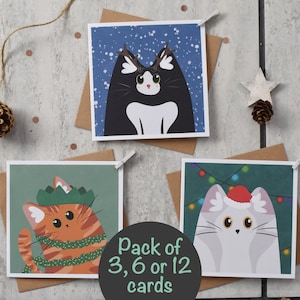 Lot de 3 cartes de Noël chat, 6 ou 12, carte de Noël chat mignon, carte de Noël pour un amoureux des chats, carte de Noël recyclée