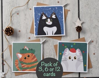 Cat Christmas Card Pack of 3 6 or 12, Cute Cat Christmas Card, Christmas Card for a Cat Lover, Recycled Christmas card